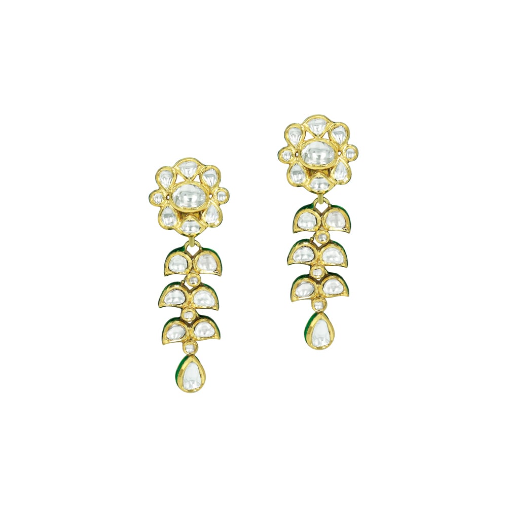 Floral Polki Drop Earrings with Petal Design and Teardrop